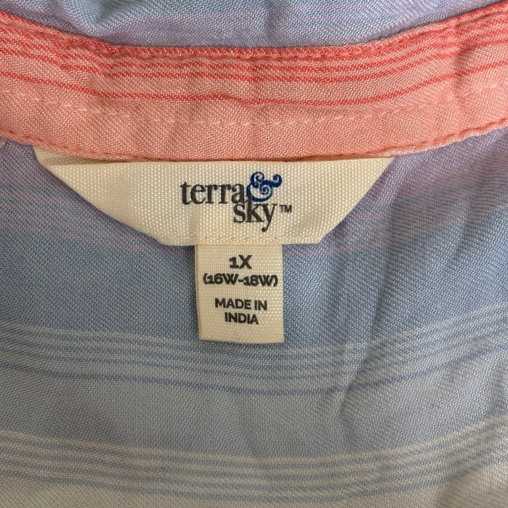 Sleeveless Button Front Swing Tank Collared Relaxed Lightweight Striped 1X - Picture 2 of 8